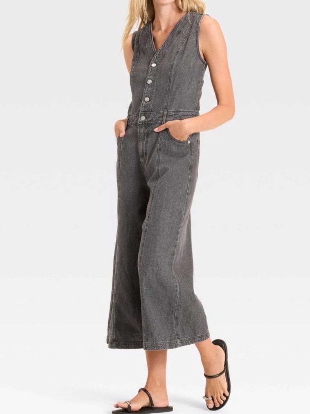 Universal Thread Cropped Sleeveless Denim Jumpsuit Washed Black Sz 4 NWT